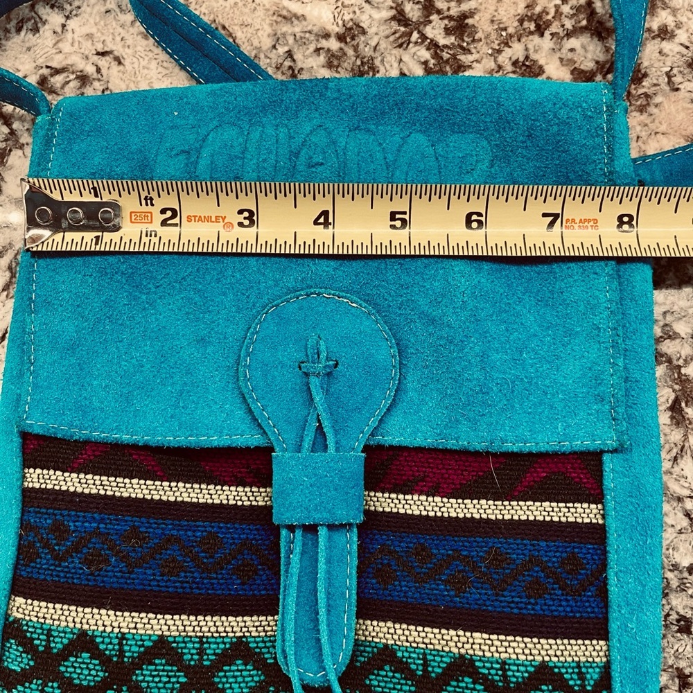 Vintage Teal/Blue Crossbody Suede Purse In Colorful BOHO Hippie Pattern - Picture 3 of 6